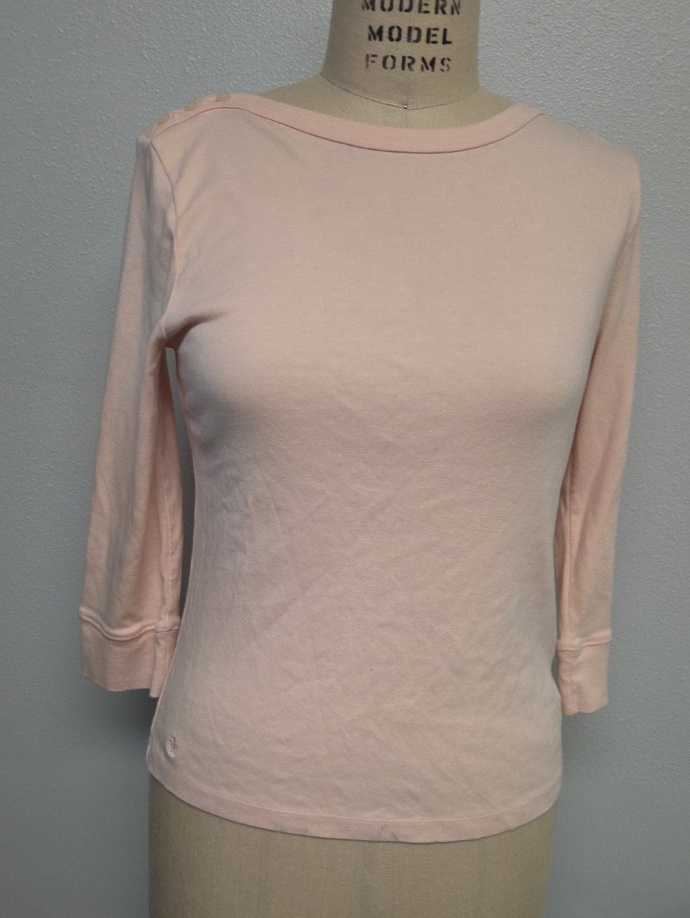 Ralph Lauren Light Pink Boatneck 3/4 Sleeve Tee with Shoulder Buttons